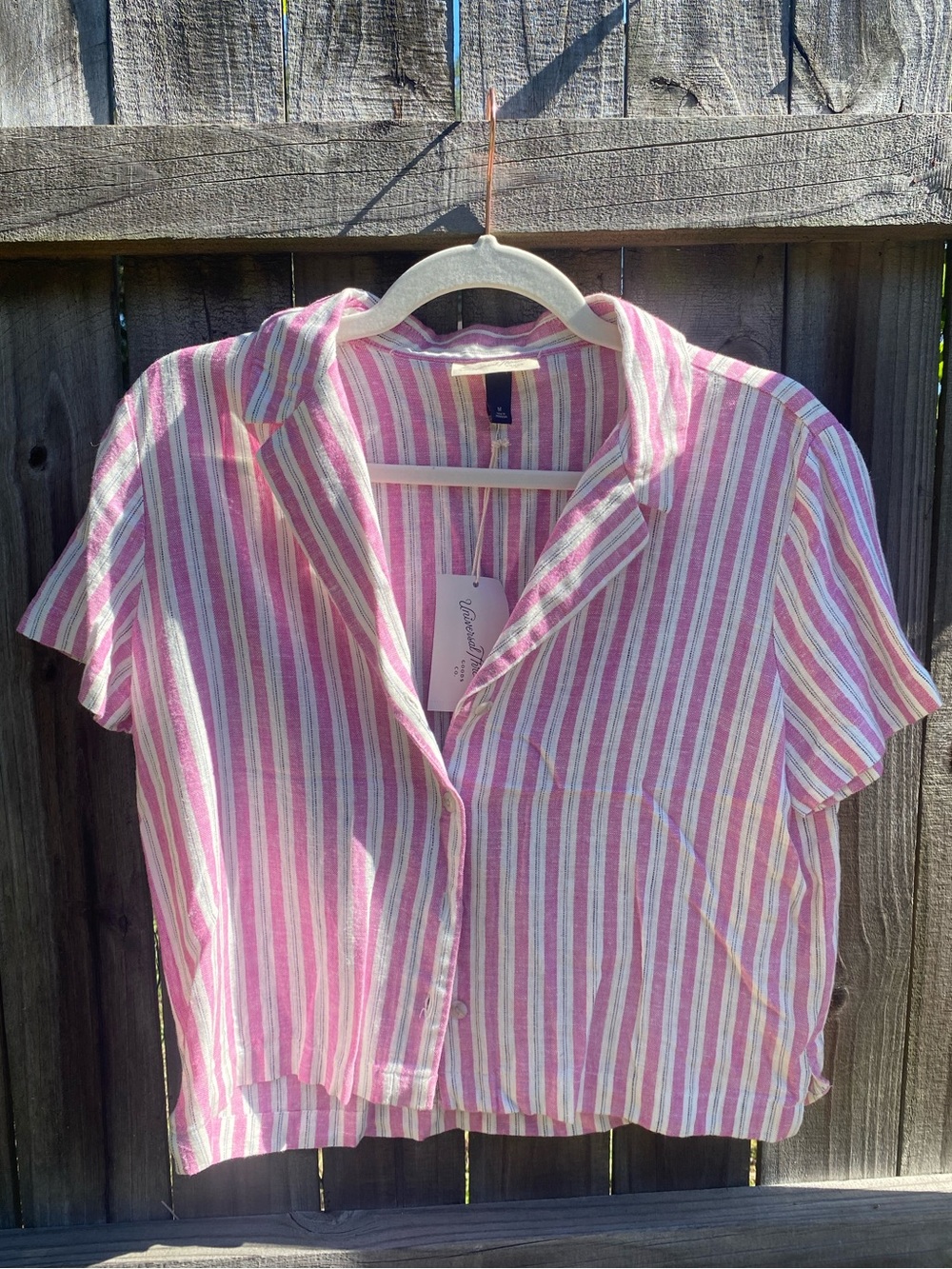 Striped Pink & White Short-Sleeve Button Front Top